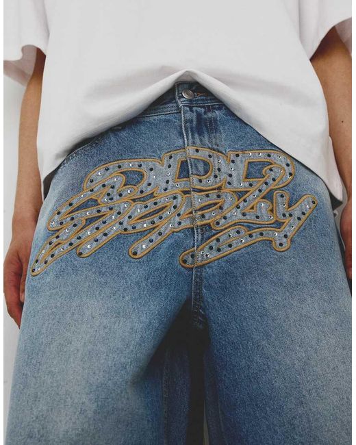 Bershka Blue Embroidered Denim Bermuda Shorts for men