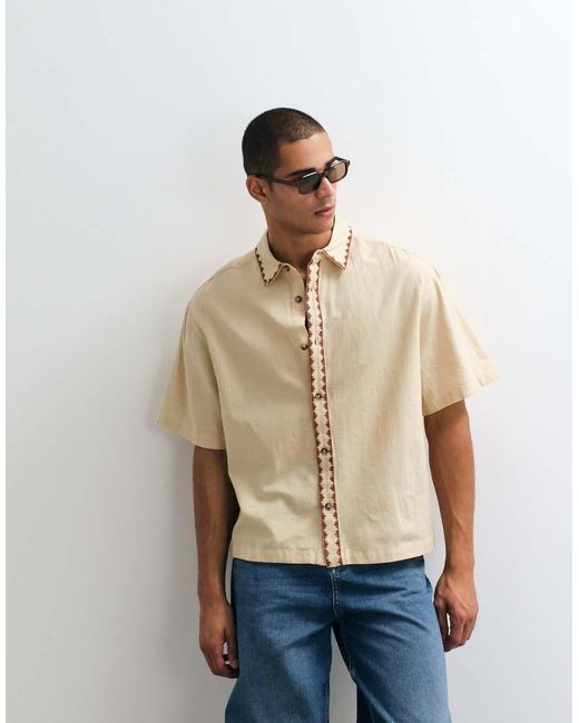 ASOS Natural Boxy Oversized Shirt With Linen And Embroidery for men