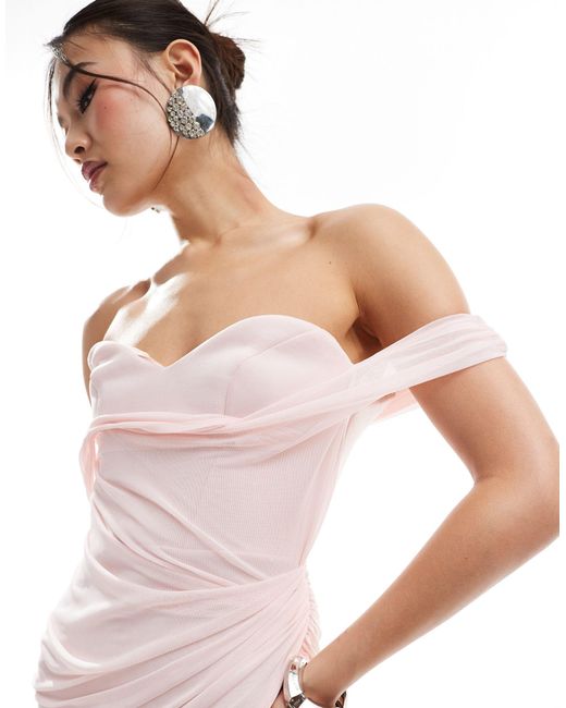 ASOS Pink Sculpting Pencil Bardot Midi Dress With Draped Mesh Overlay