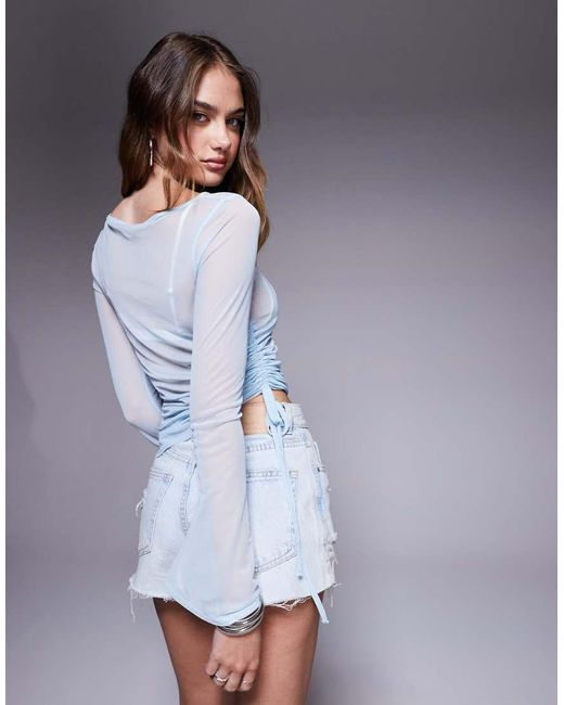 Missy Empire Blue Missy Empire Mesh Ruched Side Flare Sleeve Top