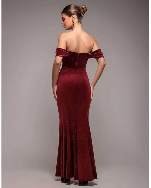 Goddiva Red Glitter Velvet Cowl Neck Pleated Waist Maxi Dress