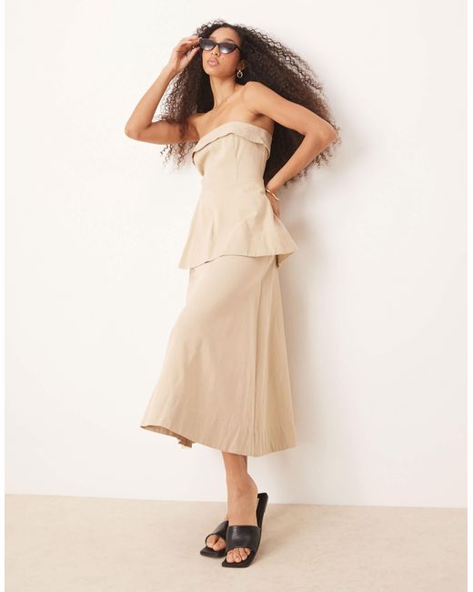 ASOS Natural Bandeau Midi Dress With Tiered Peplum Waist