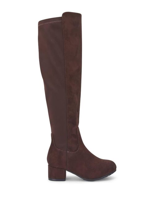 SEQWL Wide Fit Red Knee High Boots With Block Heel And Zip Closure