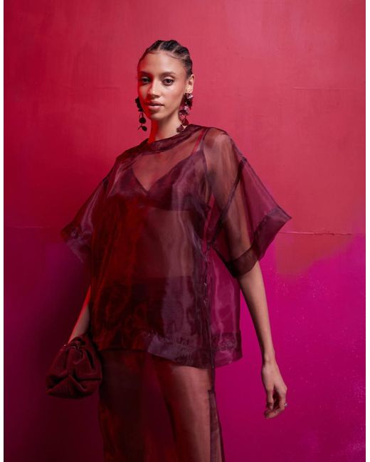 Vestido Lencero Midi Estilo Camiseta De Corte Cuadrado Con Diseño Efecto 2 En 1 De Organza De -Rojo ASOS de color Pink