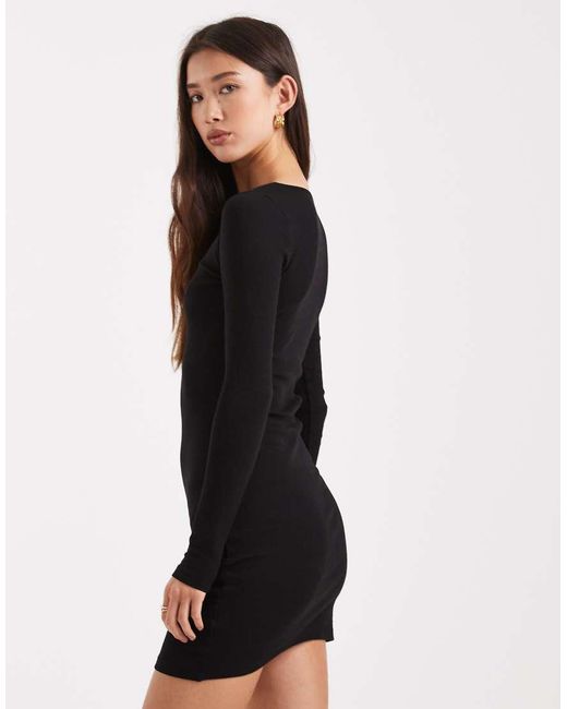 Brave Soul Black Long Sleeve Ribbed Jersey Mini Dress With Button Detail