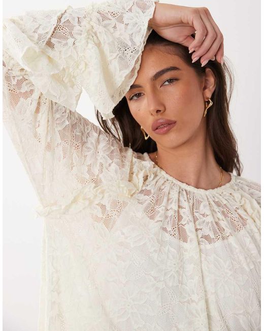 Y.A.S Natural Floral Lace Ruffle Detail Mini Dress