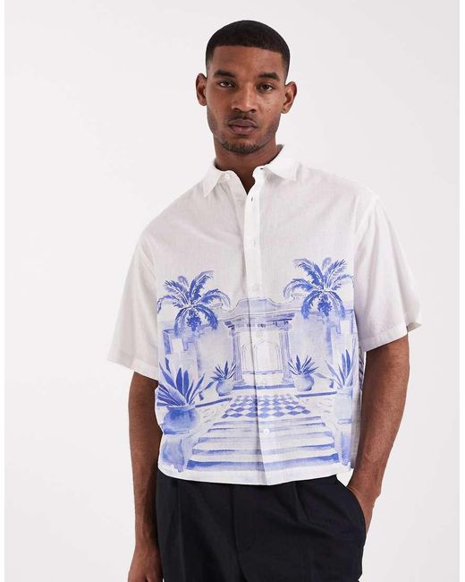 ASOS White Boxy Oversized Shirt With Linen And Placement Print for men