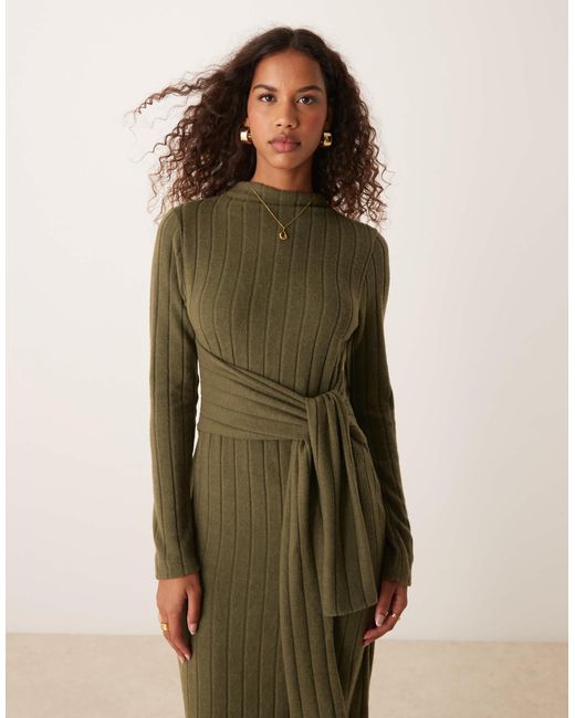 ASOS Natural Chunky Fluffy Ribbed Midi Dress With Wrap Waist