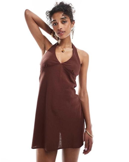 Bershka Purple Halterneck Linen Mini Dress