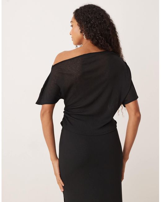 ASOS Black Mesh Semi Sheer Ruched Off Shoulder Top