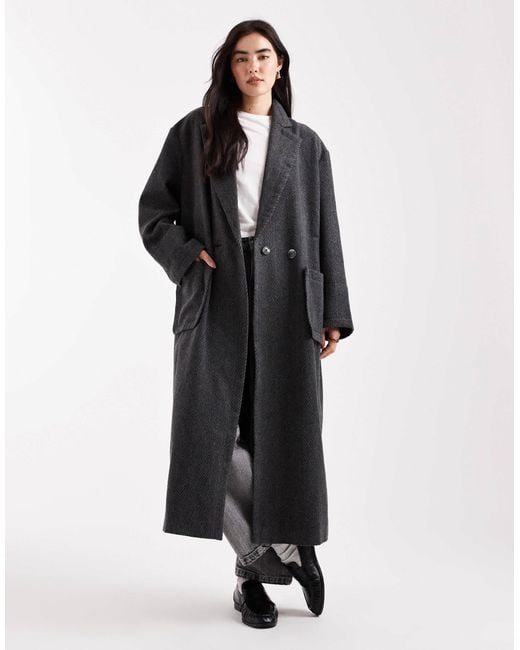 Daisy Street Black Large Herringbone Cocoon Coat With Deep Turn Up Cuffs