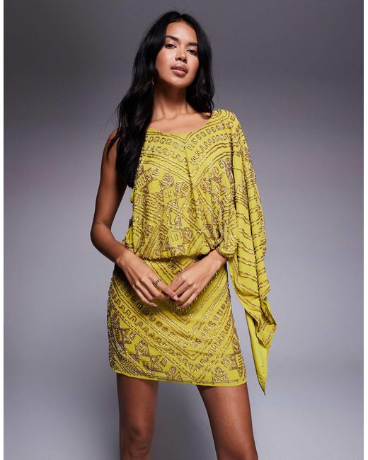 ASOS Asymmetric Cape Detail Allover Embellished Mini Dress in Yellow | Lyst ASOS Asymmetric Cape Detail Allover Embellished Mini Dress in Yellow | Lyst