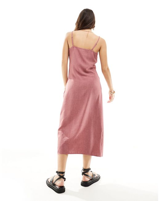 Vila Pink Linen Touch Cami Midi Dress With Slit Front