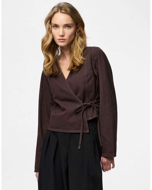 Pieces Brown Wrap Blouse