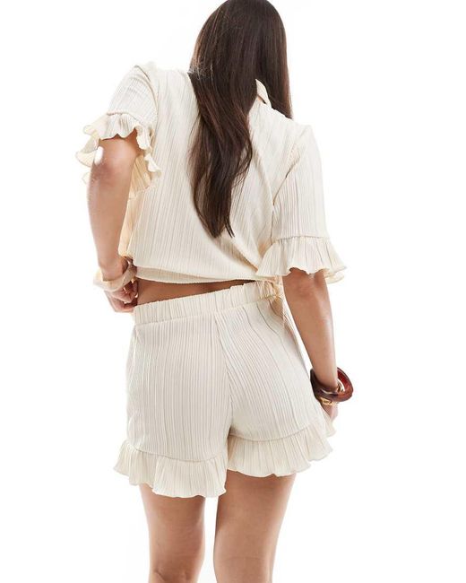 Vero Moda White Plisse Short Sleeve Shirt Co-ord With Ruffle Trim