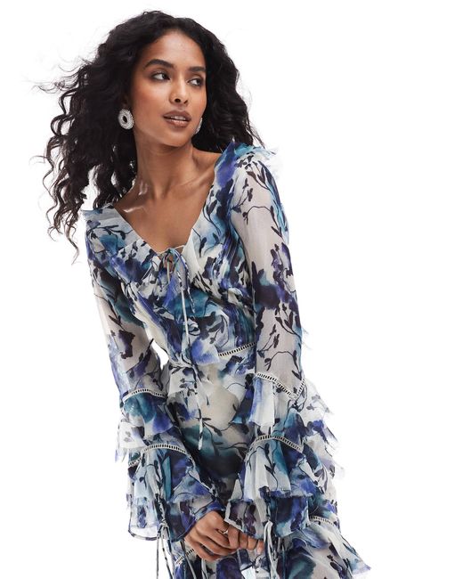 ASOS Blue – langärmliges maxikleid mit rüschen, spitzeneinsatz und rosafarbenem blumenmuster