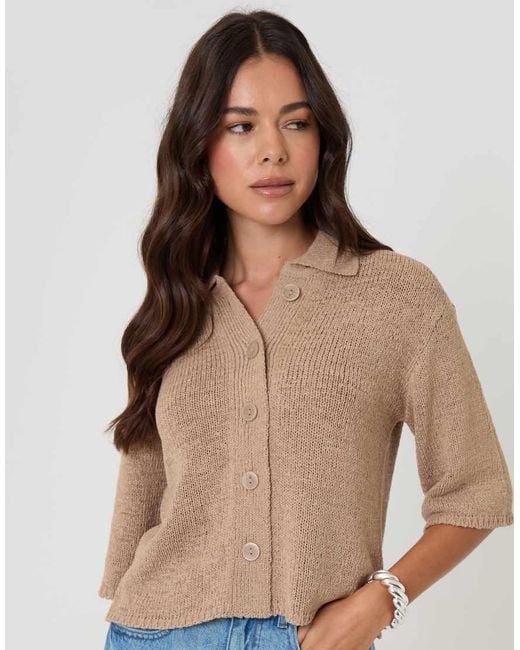 Threadbare Brown Knitted Yarn Button Up Polo Shirt