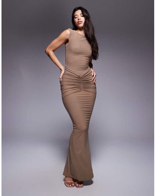 Wanderdoll Gray Poppy Sculpting Mesh Sleeveless Gathered Waist Detail Maxi Dress