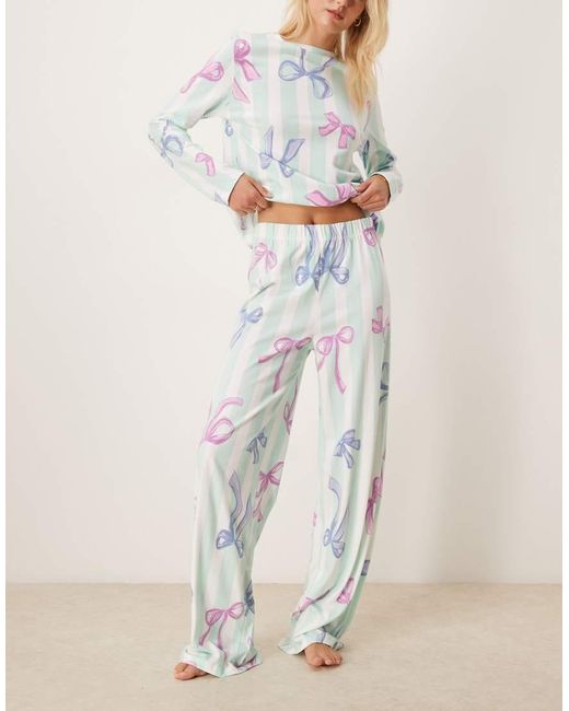 ASOS Blue Asos Design Tall Christmas Bow Long Sleeve Top & Trouser Pyjama Set