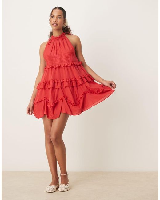 ASOS Red Halter Ruffle Mini Dress With Pintucks