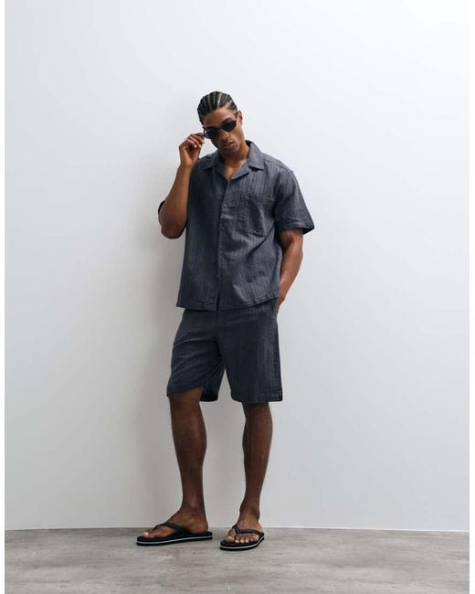 Only & Sons Blue Linen Blend Textured Short Sleeve Shirt for men