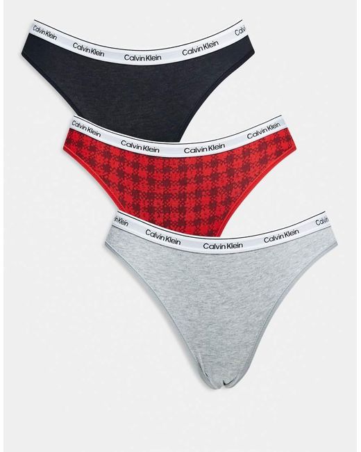 Pack De 3 Braguitas De Color Negro, Gris Y Rojo A Cuadros Escoceses De Corte Bikini Con Logo Icon De Calvin Klein de color Red