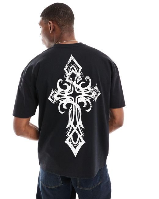 Liquor N Poker Black Oversized T-shirt With Cross Back Print for men