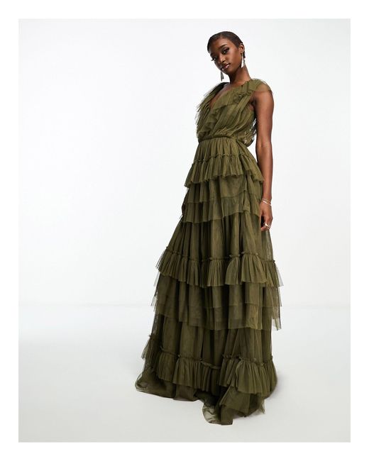 LACE & BEADS Green Tulle Tiered Maxi Dress