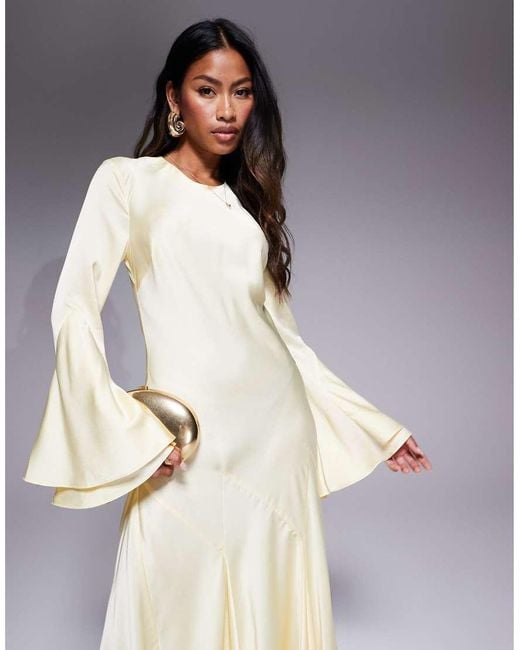 ASOS Long Sleeve Satin Maxi Dress With Full Skirt And Godet in White | Lyst  UK