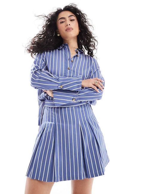 French Connection Blue Alexis Cotton Stripe Pleated Mini Skirt