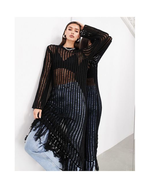 ASOS Black Long Sleeve Open Knit Maxi Dress With Tassels