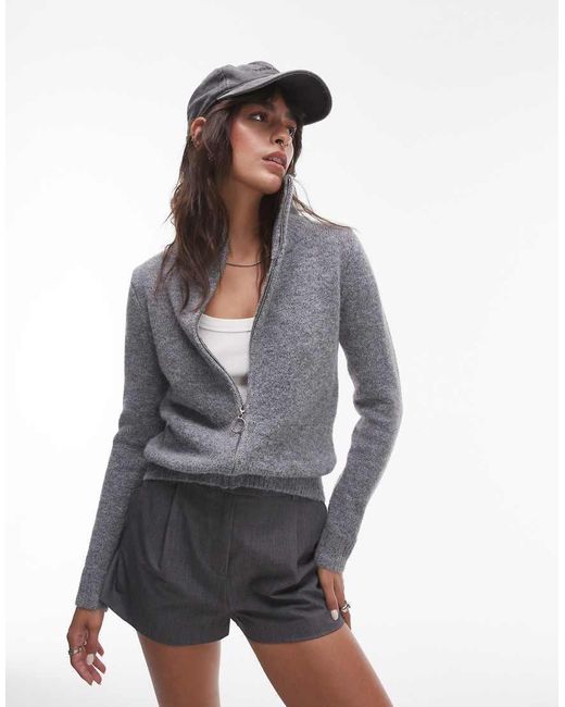 TOPSHOP Gray Knit Fluffy Zip Through Cardigan