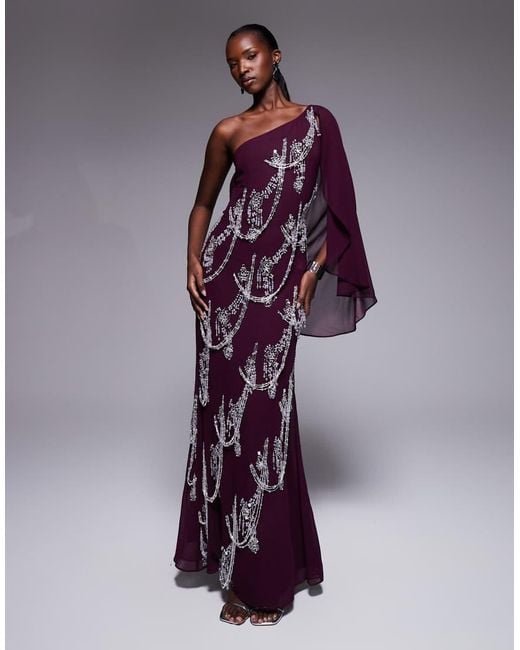 ASOS Purple Fringe Embellished Bias Cut Maxi Dress With Cape Sleeve