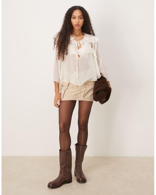Glamorous Natural Tie Front Keyhole Detail Ruffle Blouse
