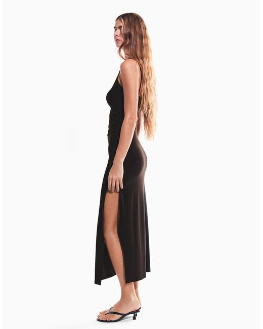 Bershka Black Gathered Strap Midi Dress