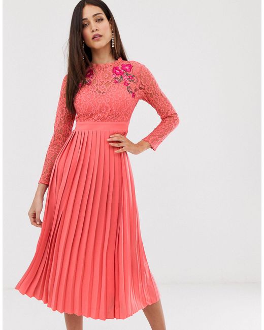 little mistress embroidered lace top midaxi dress with pleated skirt