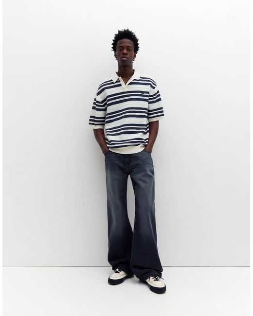 Pull&Bear Blue Stwd Striped Knit Polo Shirt for men