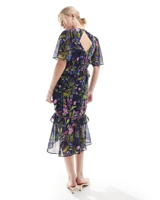 Hope Ivy Women's Blue Midi Tea Dress With Peplum Waist