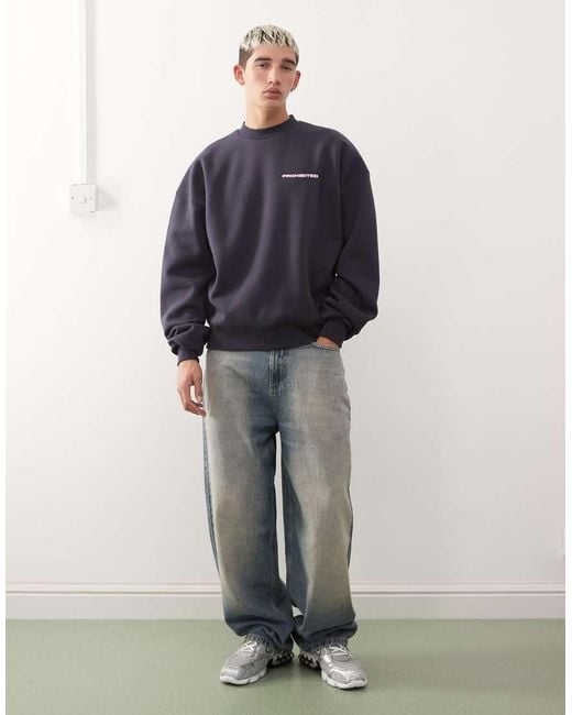 Prohibited Blue Oversized Boxy Fit Logo Jumper for men