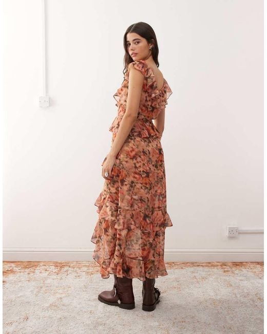 Reclaimed Vintage Pink Midi Dress With Asymmetric Hem And Ruffles