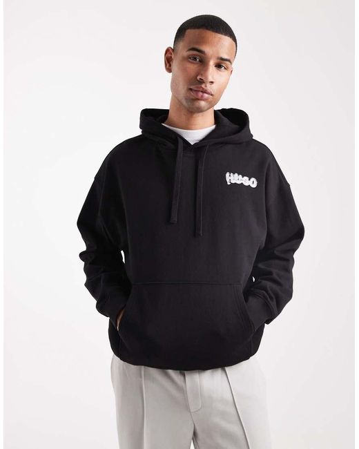 HUGO Black Nyrohood Bubble Logo Back Print Loose Fit Hoodie for men