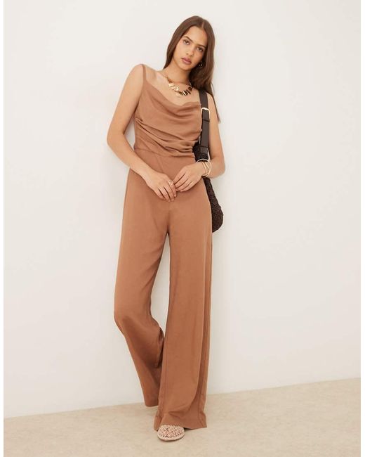 Mango Natural Draped Ruched Bodice Jumpsuit With Wide Leg