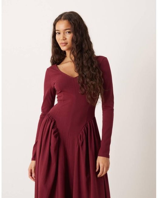 ASOS Red V-neck Long Sleeve Waisted Midi Dress