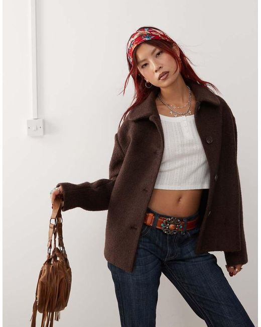 Monki Brown Textured Jacket With Collar