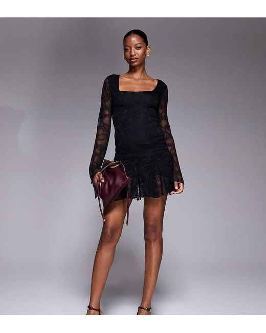 Kaiia Black Exclusive Double Layered Slinky Lace Square Neck Godet Hem Detail Mini Dress