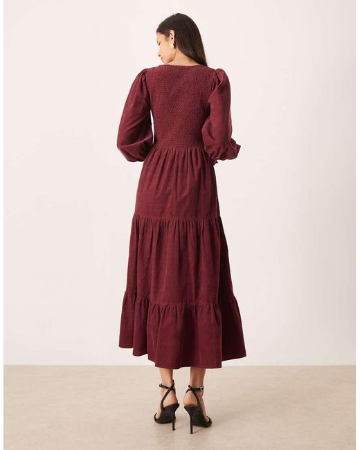 Nobody's Child Ruby Cord Shirred Detail Balloon Sleeve Tiered Midi Dress