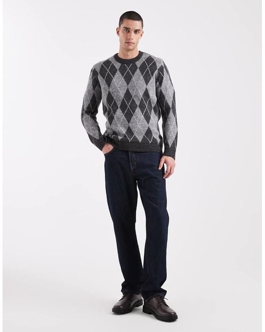 New Look Gray Argyle Knit Jumper for men