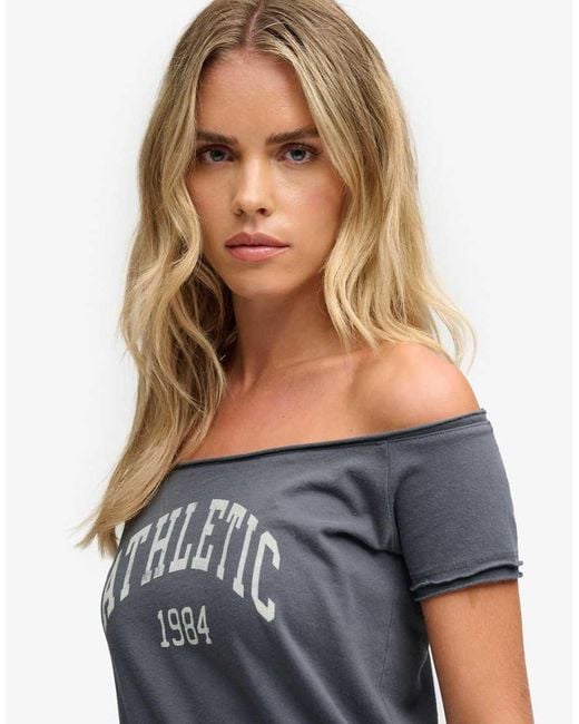 Superdry Blue Graphic Bardot Short Sleeve Top