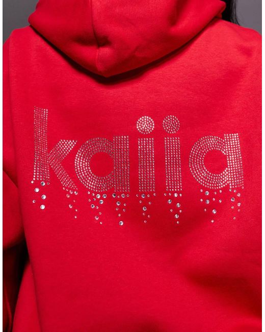 Kaiia Red Exclusive Cotton Rich Diamante Logo Oversized Hoodie Co-ord