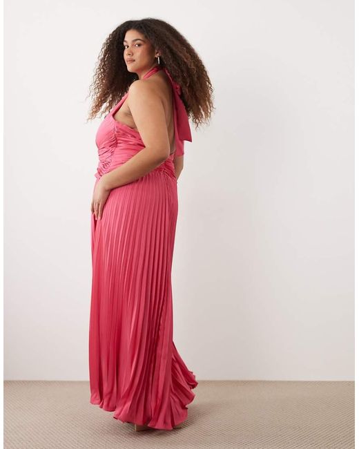 Forever New Pink Pleated Satin Halter Neck Maxi Dress